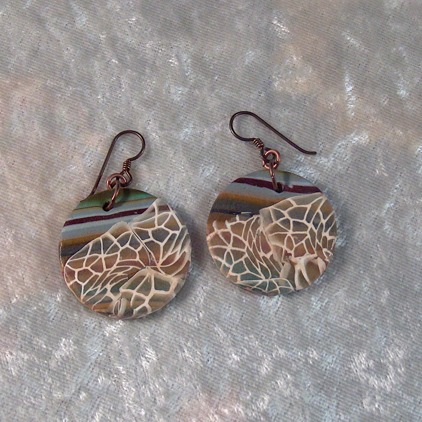 Handcrafted Earth Tone Dangle Ghost Cane Round Earrings Niobium French Hook Polymer Clay