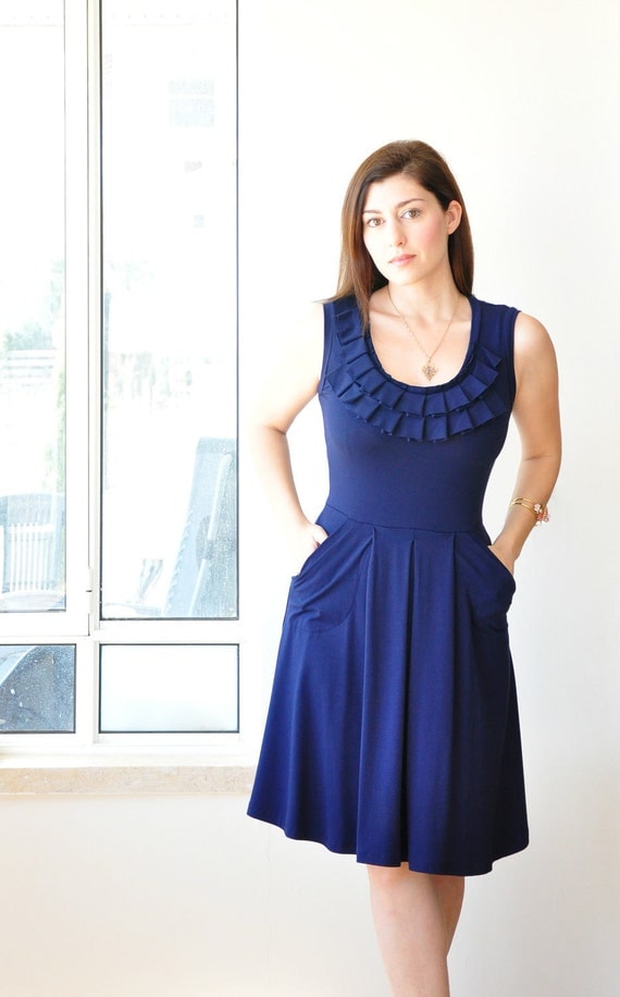 Sleeveless Pleated Neckline Bridesmaid Dress In Navy Blue, By Lirola
