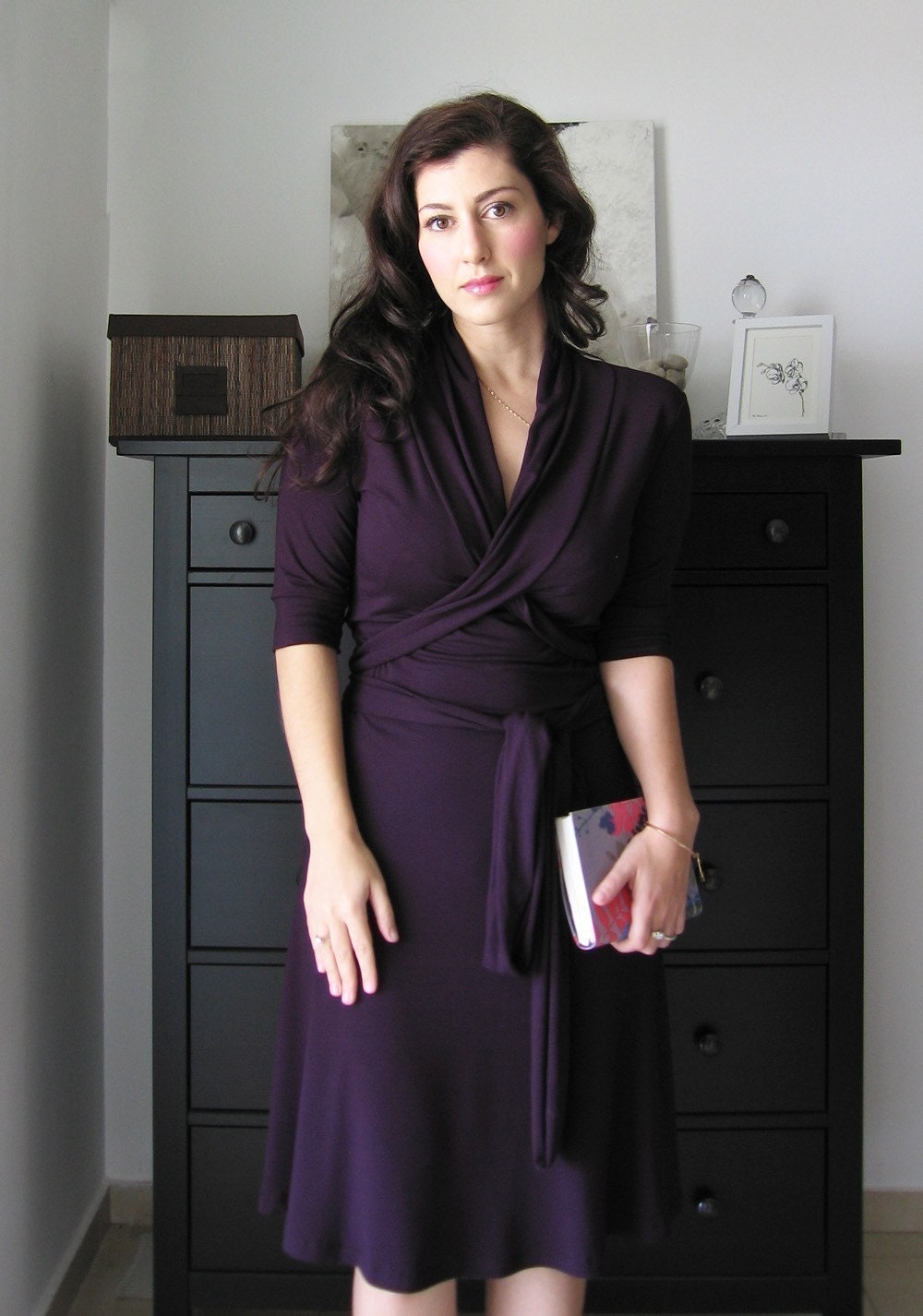 Purple Wrap Dress / Casual / Summer Dress / Jersey , Knee Length, 3/4 Sleeves, 110A