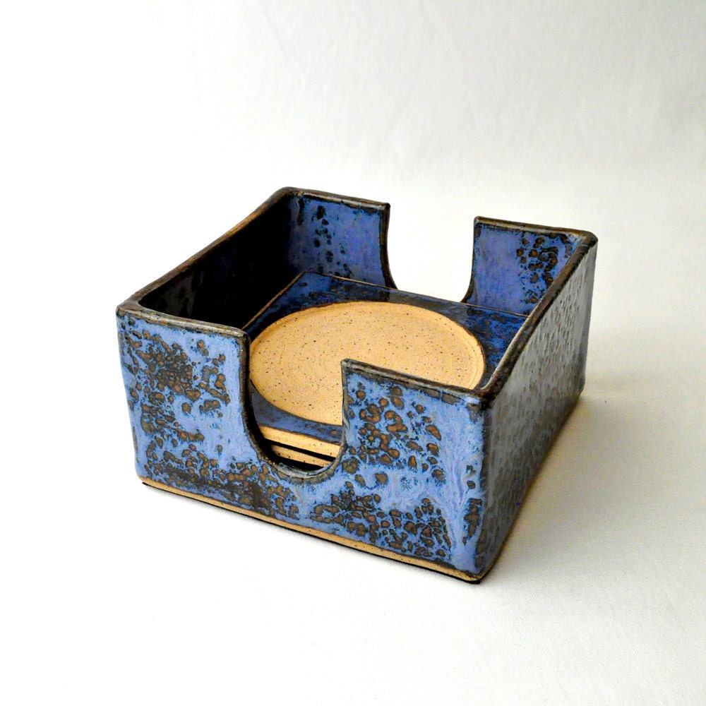 Ceramic Coasters with Holder (Set of 4) Cobalt blue handmade stoneware Serving trivets