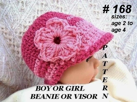 168, hat, TODDLER SIZE ( 2 to 4) Crochet Pattern  by Hectanooga.etsy.com  2 tone beanie or visor, includes flower 18 and 20 inch headband
