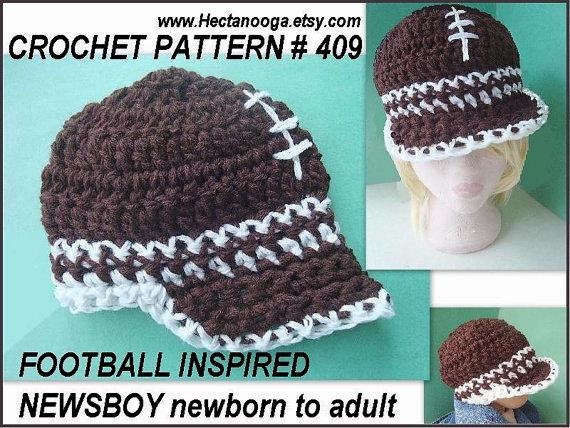 CROCHET PATTERN hat num 409, Football inspired Newsboy hat, newborn to adult, permission to sell finished items.