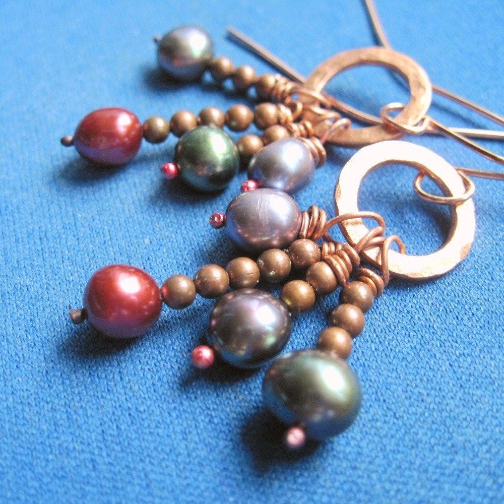 Fancy Pearl Earrings Multi Color Chandelier Dangles, Copper Beads