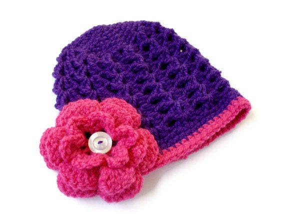 Baby Hat Purple with Pink Flower