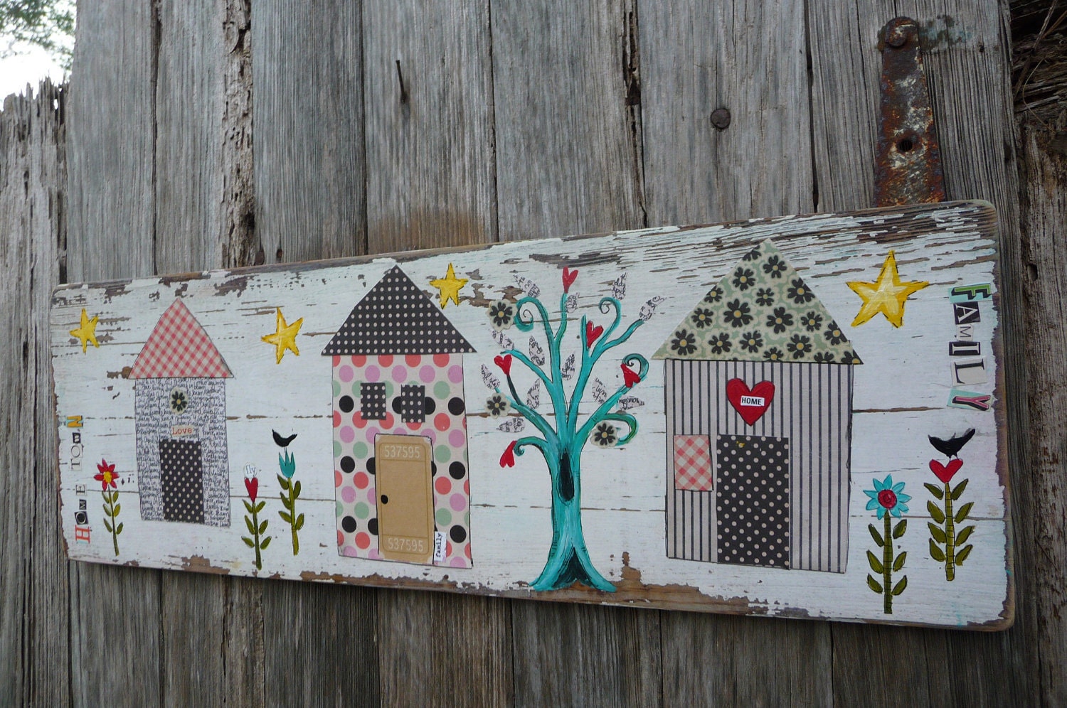 Home Town Original Mixed Media on a Repurposed Vintage Board Wall Decor