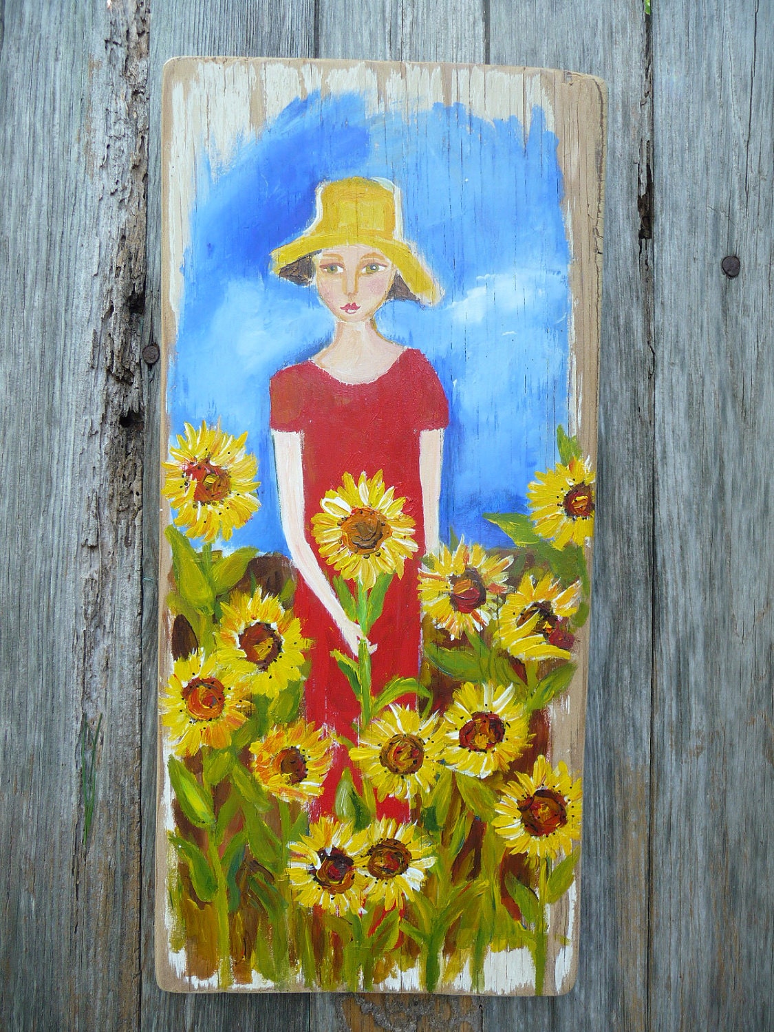 Sunflower Girl Acrylic Painting on Repurposed Wood