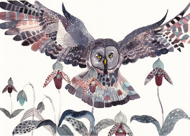 Grey Owl and Lady Slippers -Large  Archival Print - unitedthread