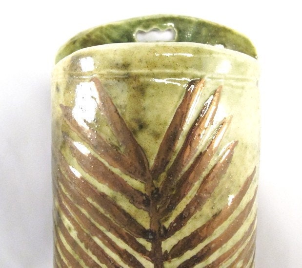 Ceramic Vase Wall Hanging - Green and Copper Palm Frond Design Porcelain With Metallic Luster - SALE