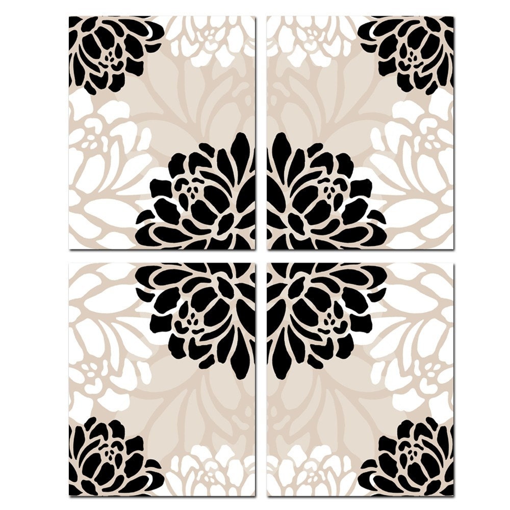 Large Scale Floral Kaleidoscope Quad - Set of Four Original 8 x 10 Coordinating Floral Prints - in Black, White, and Beige