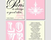 Audrey In Paris - Set of Four 11x14 Prints - LOVE, Audrey Hepburn Quotes, Chandelier - Choose Your Colors - Shown in Pink, Cream, Black
