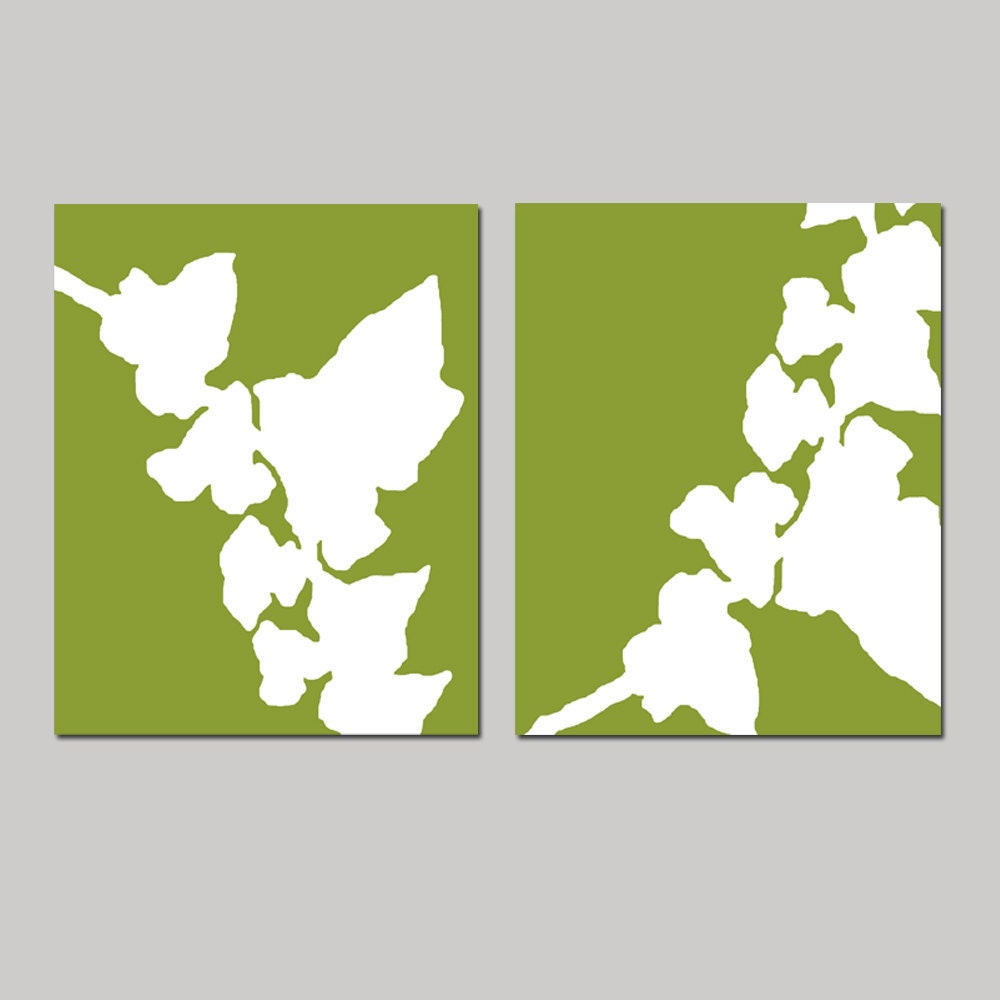 Abstract Botanical Duo - Set of Two Botanical 8x10 Coordinating Prints - Choose Your Colors - Shown in Avocado Green and White