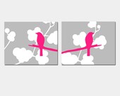 Modern Birds Duo - Set of Two 8x10 Coordinating Bird on a Branch Prints - Choose Your Colors - Shown in Gray, Hot Pink, and White