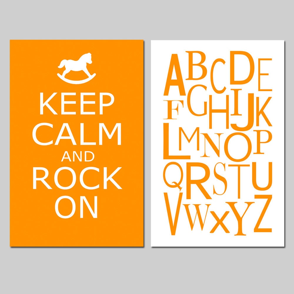 Childrens Nursery Duo - Set of Two 11x17 Prints - Keep Calm and Rock On - Modern Alphabet - Kids Wall Art - Choose Your Colors