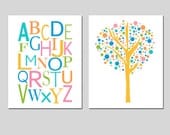 Kids Wall Art - Modern Alphabet and Tree Dot Duo - Set of Two 11x14 Prints - Nursery Decor for Children - Choose Your Colors