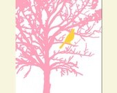 Bird in a Tree - 11x14 - Modern Nursery Art Print -  Choose Your Colors - Shown in Yellow, White, PInk, and More - Nature