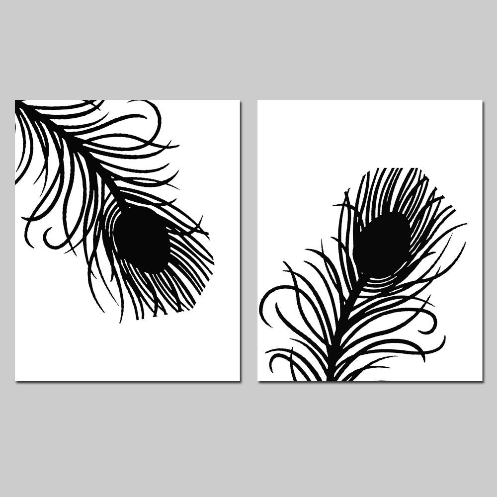 Modern Peacock Feather Duo - Set of Two 11x14 Silhouette Prints - Choose Your Colors - Shown in Black and White, Turquoise, and More