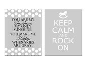 You Are My Sunshine, Keep Calm and Rock On - Set of Two 8x10 Nursery Art Prints - Choose Your Colors - Shown in Gray, Yellow, and More