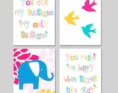 Nursery Quad - Set of Four 11x14 Prints - You Are My Sunshine, Elephant Floral, Baby Birds - Kids Wall Art - Choose Your Colors