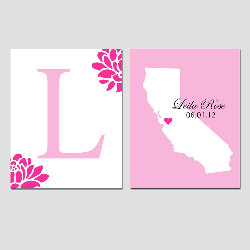 Set of Two Personalized Baby Birth State Map and Monogram Initial 8x10 Custom Prints - Modern Nursery Print, Birth Announcement