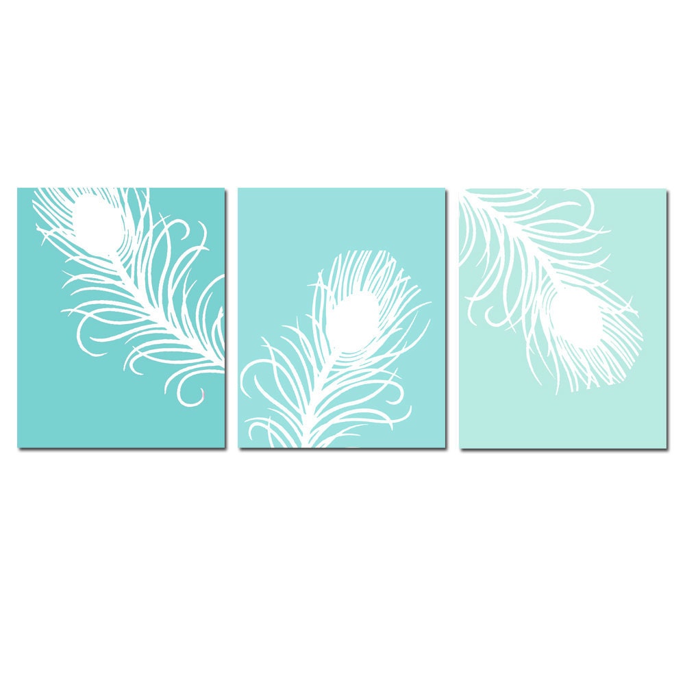Modern Peacock Feather Trio - Set of Three 8x10 Coordinating Prints - Choose Your Colors - Shown in Aqua Green Ombre