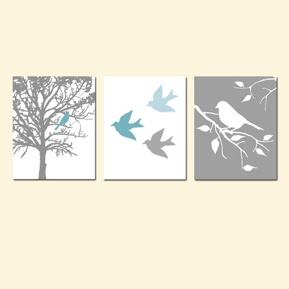 Modern Bird Trio - Set of Three 8x10 Prints - Nursery Decor - Choose Your Colors - Shown in Teal Blue, Baby Blue, White, Gray