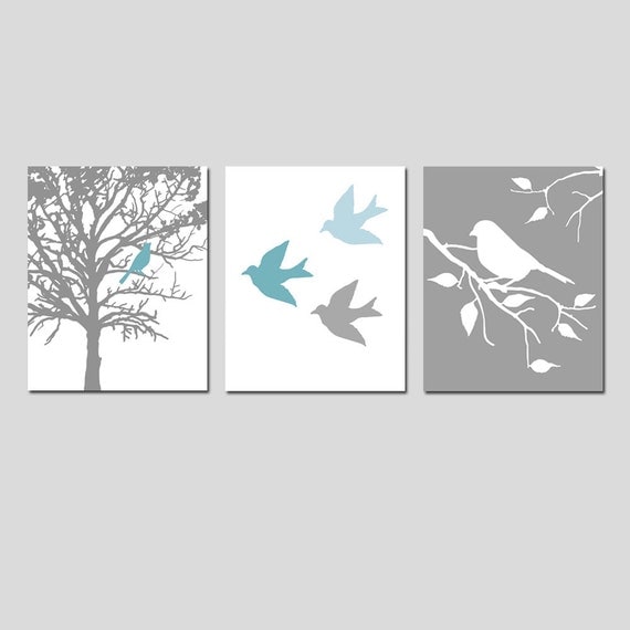 Modern Bird Trio - Set of Three 8x10 Prints - Nursery Decor - Choose Your Colors - Shown in Teal Blue, Baby Blue, White, Gray