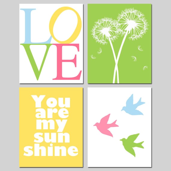 Nursery Quad - Set of Four 11x14 Prints - You Are My Sunshine, Balloons, LOVE Stencil, Lollipops, Tree Dot, Baby Birds, Keep Calm