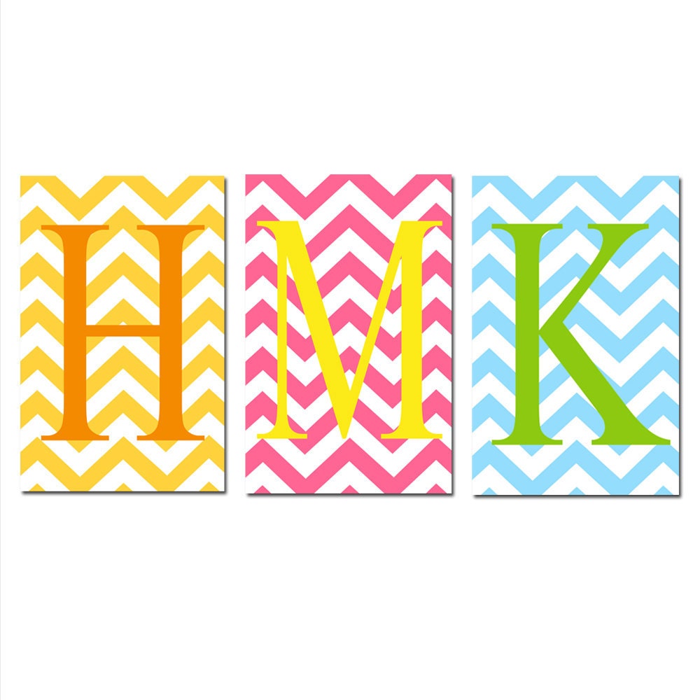 Modern Chevron Monogram Trio - Set of Three 11x17 Customizable Zig Zag Chevron Initial Prints - Choose Your Colors - Kids Wall Art