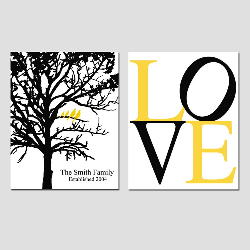 Family Tree Love Duo - Set of Two 8x10 Custom Prints - Established Family Tree, LOVE - Choose Your Colors - Shown in Black, Yellow, Gray
