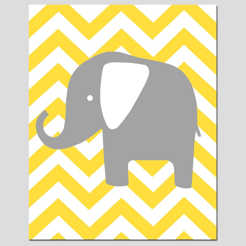 Nursery Wall Art - Modern Chevron Elephant Silhouette Print - 8x10 Chevron Zig Zag - Choose Your Colors - Shown in Yellow, Gray, and More
