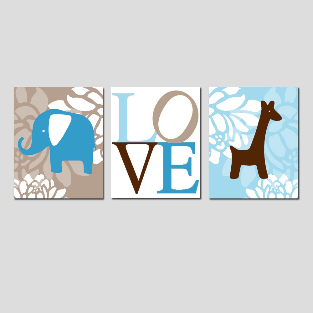 Modern Elephant Giraffe Love Trio - Set of Three 8x10 Nursery Prints - Floral, Elephant, LOVE, Giraffe - Choose Your Colors
