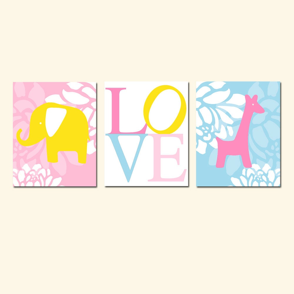 Modern Elephant Giraffe Love Trio - Set of Three 8x10 Nursery Prints - Floral, Elephant, LOVE, Giraffe - Choose Your Colors
