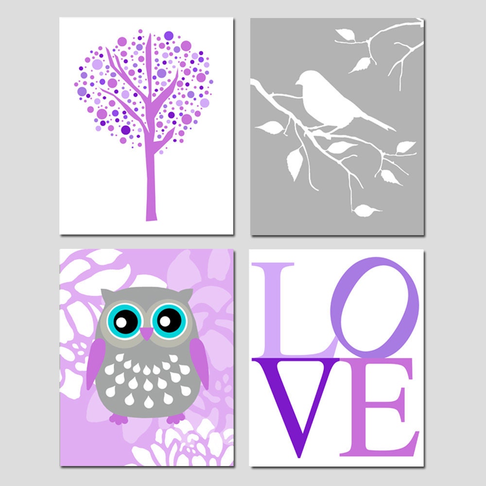 Modern Nursery Quad - Set of Four 8x10 Prints - Tree Dot, Bird On A Branch, Floral Owl, LOVE Typography - Purple, Gray, Lilac, and More