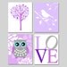 Modern Nursery Quad - Set of Four 8x10 Prints - Tree Dot, Bird On A Branch, Floral Owl, LOVE Typography - Purple, Gray, Lilac, and More