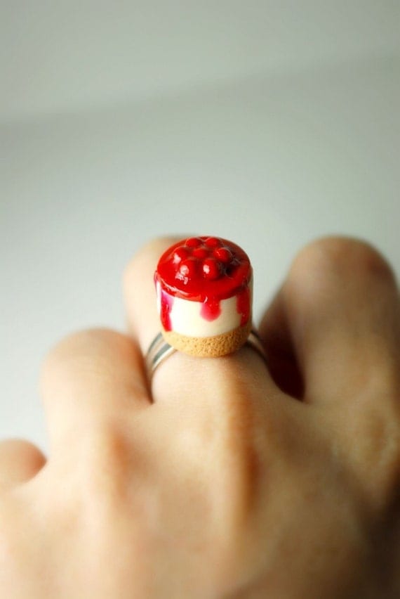 Cherry Cheesecake Frenzy Ring. Handmade Miniature Polymer Clay Food Jewelry. Under 15USD