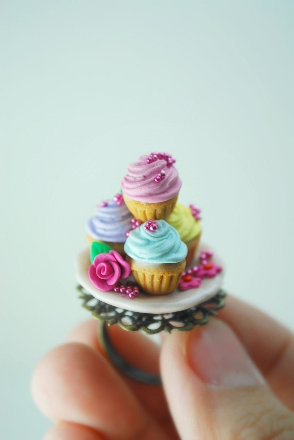 Marie Antoinette Cupcake Ring in Mniature Polymer Clay Food Jewelry