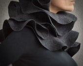 Nuno felted ruffle shawl / wavy scarf Elegance in charcoal grey Unique wearable wool silk fiber art Eco Fashion Made to order - vart