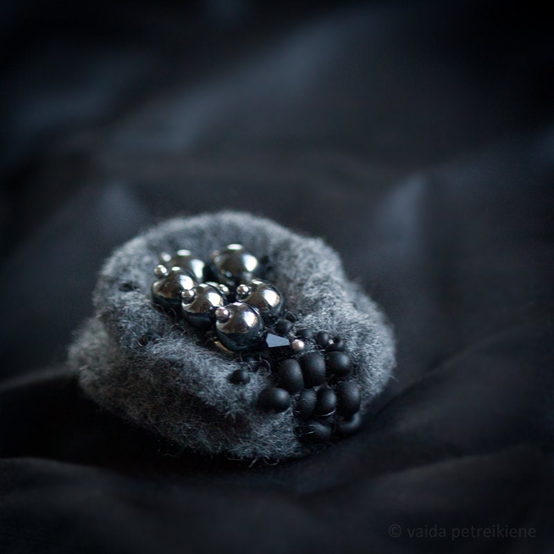 Handmade Grey Black Felt, Metal and Glass Brooch - Ready to Ship Now  - Gift under 50 USD
