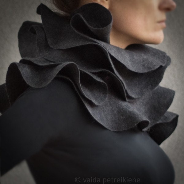 Nuno felted ruffle shawl / wavy scarf Elegance in charcoal grey Unique wearable wool silk fiber art Eco Fashion Made to order