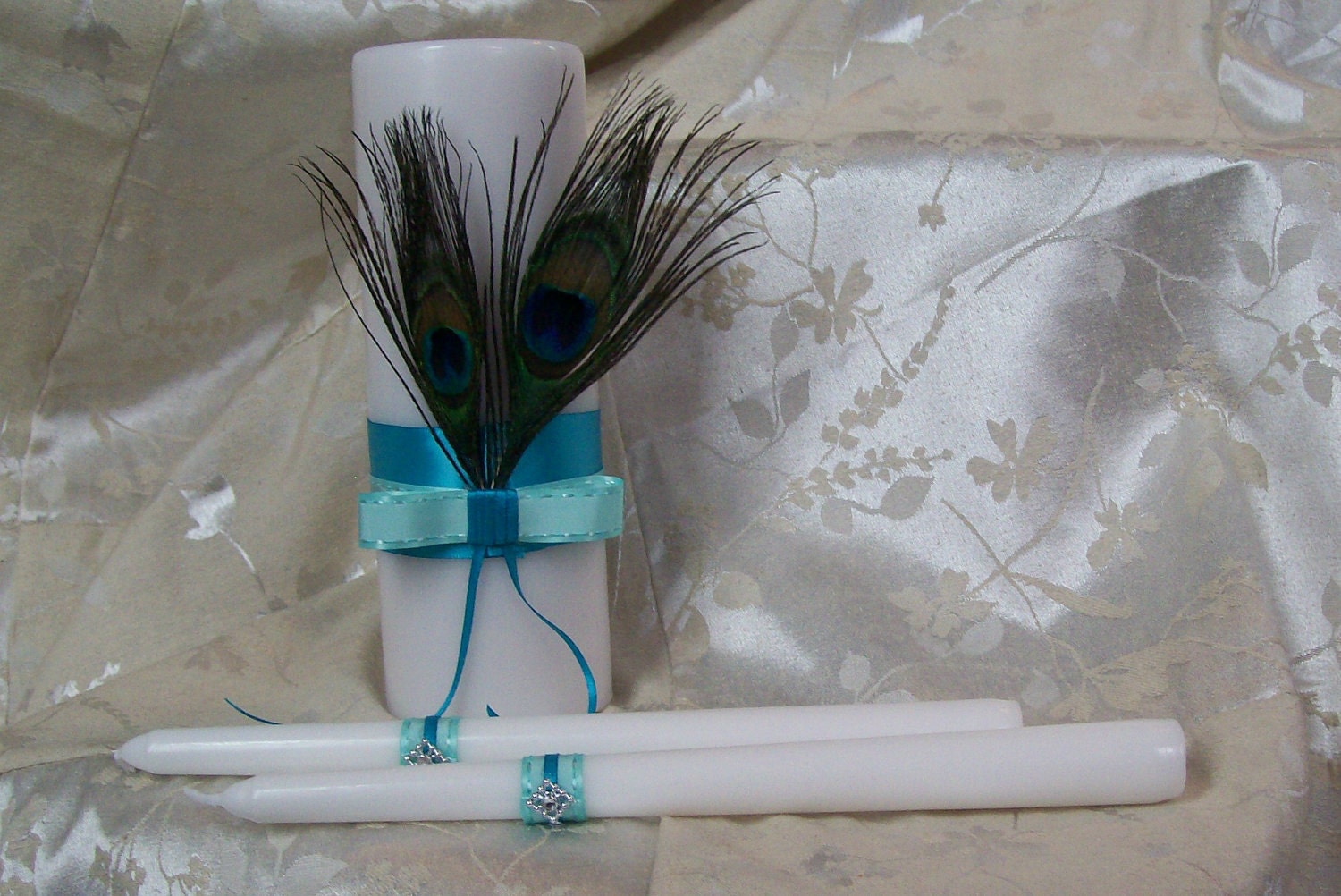 Turqouise Blue and Peacock Feather Unity Candle Set
