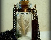 Glass Vial Necklace Glass Bottle Necklace Stamped Believe with Feather Antique Brass and copper - 24 inches
