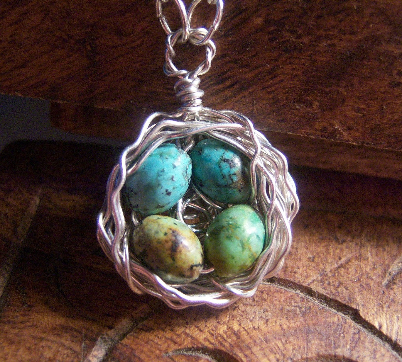 4 Egg Birds Nest Necklace with Speckled Eggs Robin Egg Wire Wrapped Argentium Sterling Silver by KarmaBeads