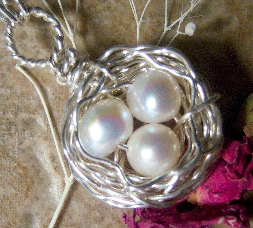Birds Nest Necklace - Wire Wrapped - Sterling Silver -Freshwater Pearl Eggs