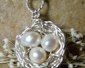 Birds Nest Necklace - Wire Wrapped - Sterling Silver -Freshwater Pearl Eggs