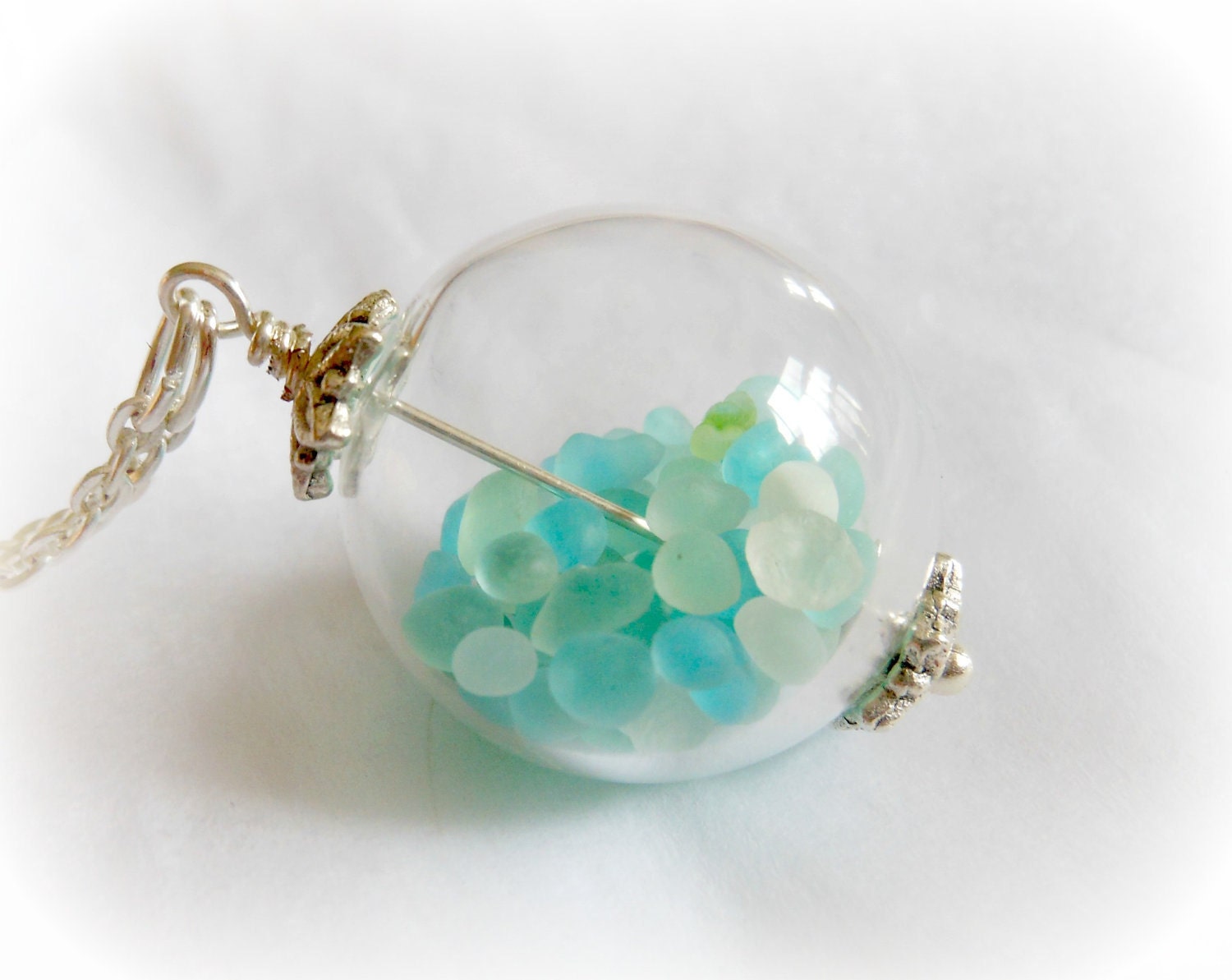 Silver Seaglass Sea Glass Long Beach Boho Ocean Treasure Necklace - 24 inches