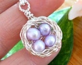 Custom Listing for Theresa:Birds Nest Necklace - Wire Wrapped - Sterling Silver - Purple Lavender Freshwater Pearl Eggs - Four Eggs
