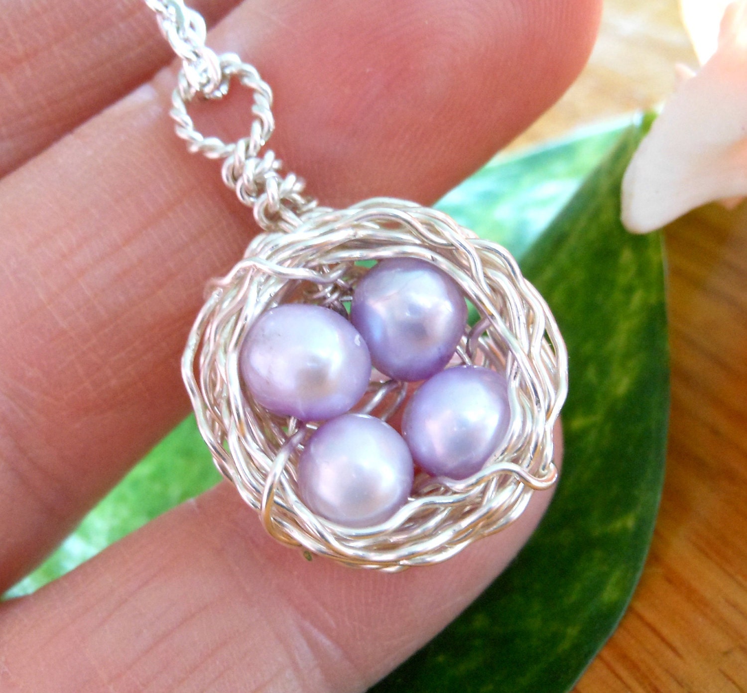 Birds Nest Necklace - Wire Wrapped - Sterling Silver - Purple Lavender Freshwater Pearl Eggs - Four Eggs