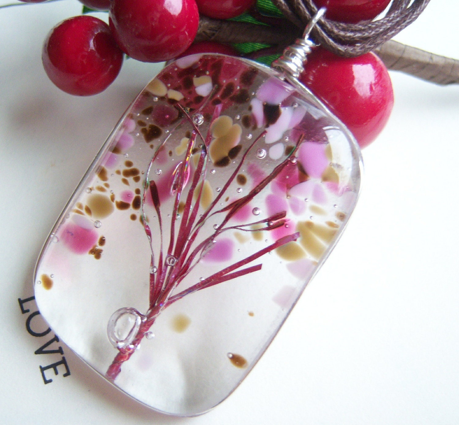 Tree of Life Fused Glass Pendant Cherry Blossoms A KarmaBeads Original