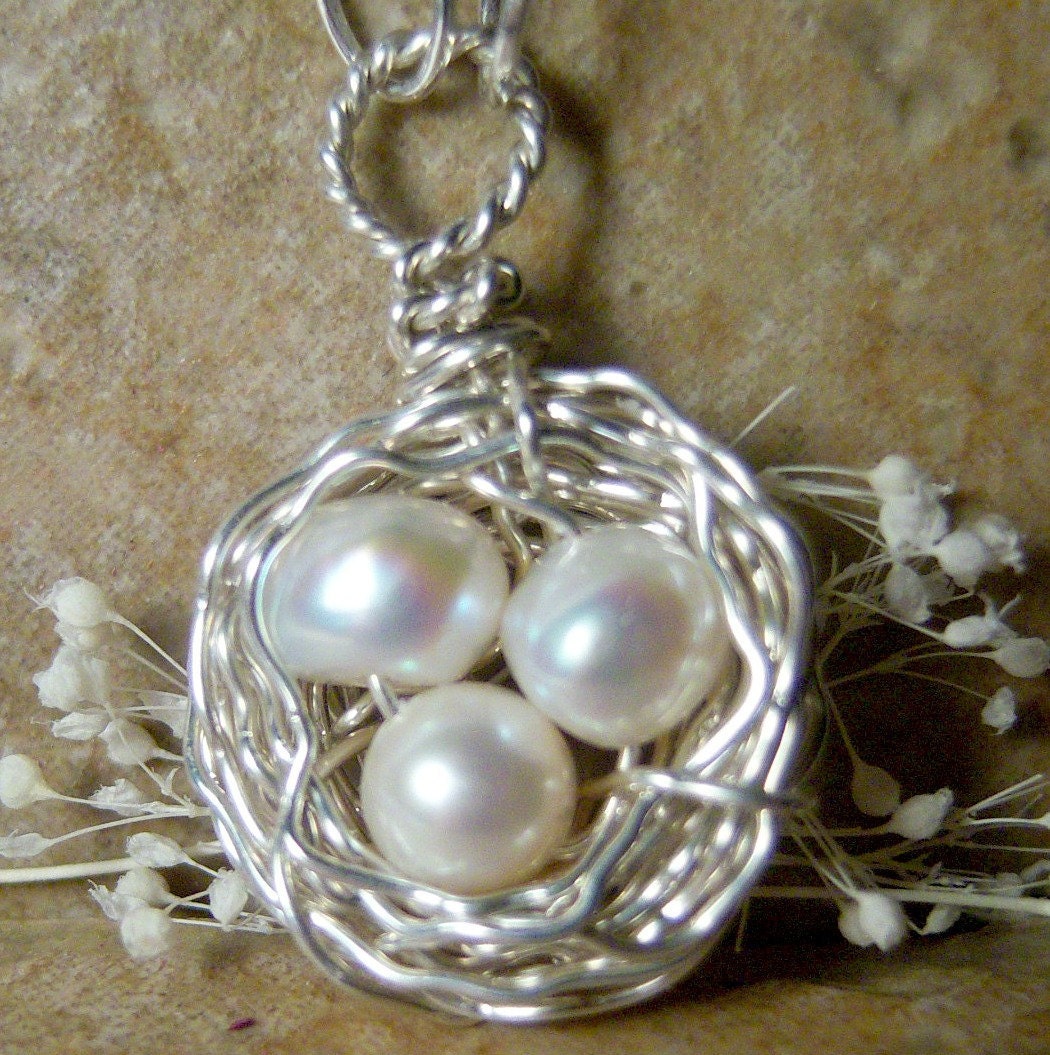 Birds Nest Necklace - Wire Wrapped - Sterling Silver -Freshwater Pearl Eggs