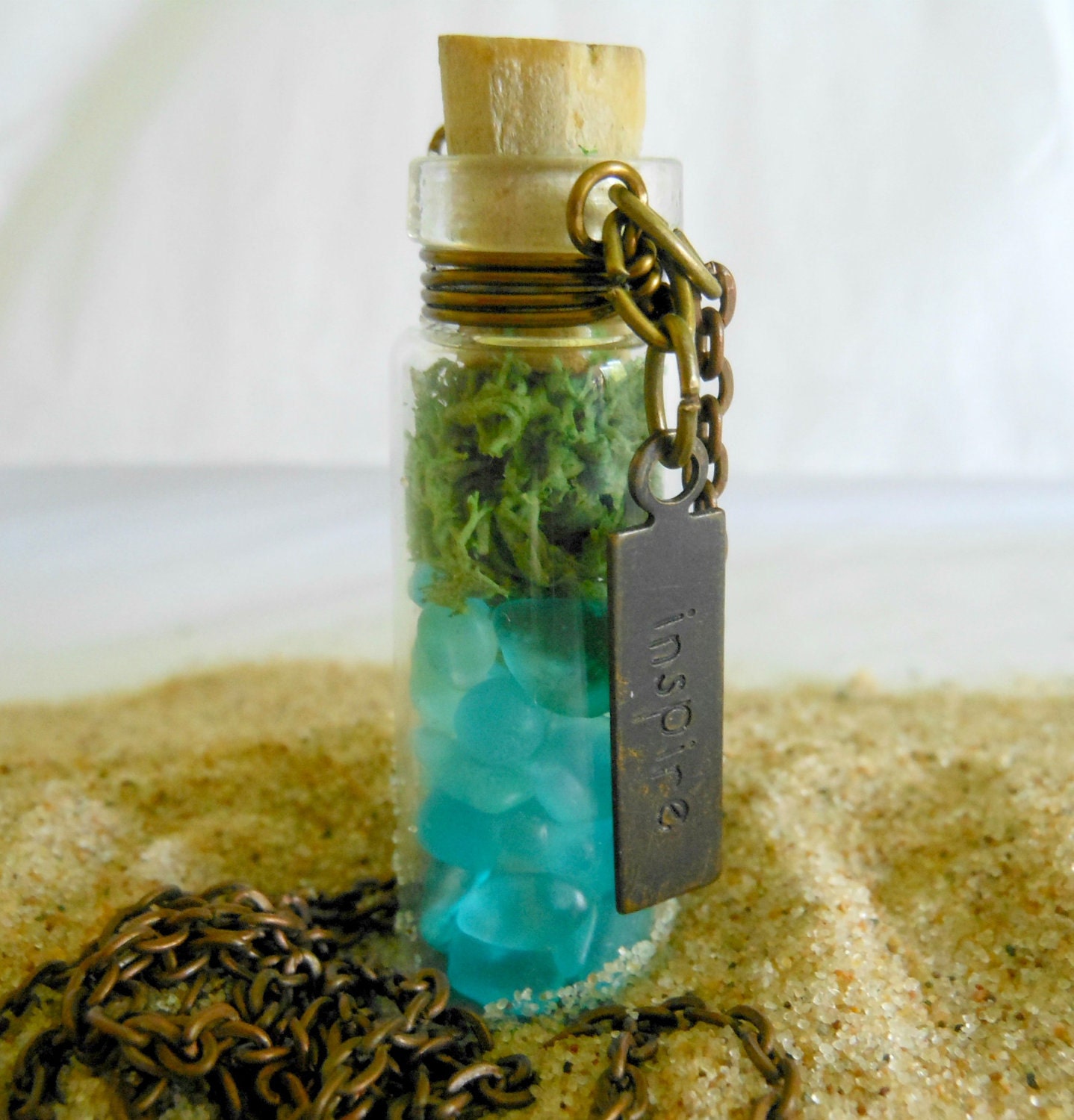 Glass Vial Necklace Bottle Moss Terrarium Seaglass Copper 24 inch Copper Chain with word Inspire Charm Tag Beach Ocean Summer
